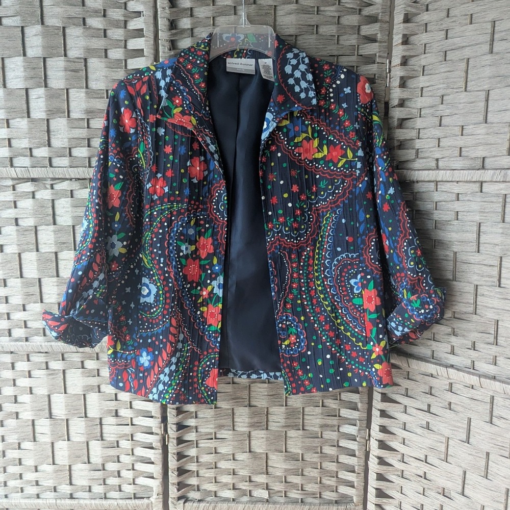 Quilted Navy‎ Multicolored Paisley Floral Jacket Textured Lined Open Front Sz 8P